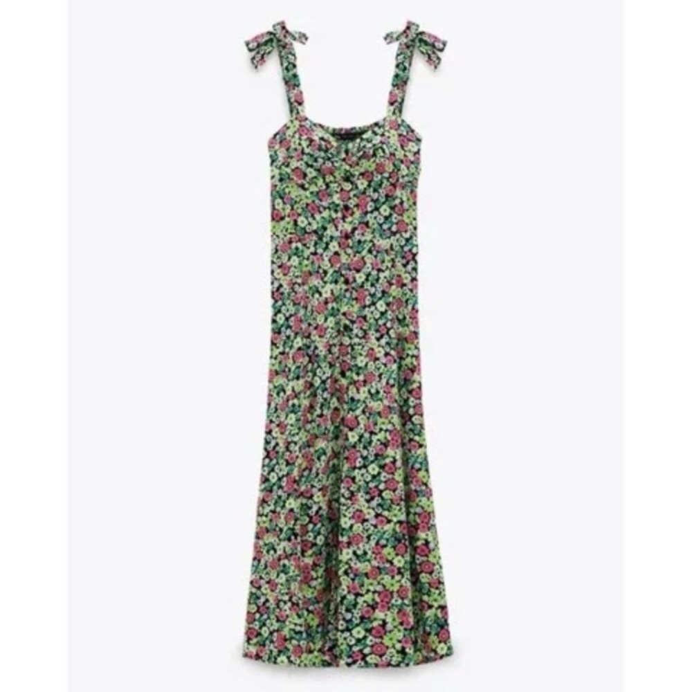 Zara✨Floral Print Green Pink Midi Dress - Picture 4 of 12